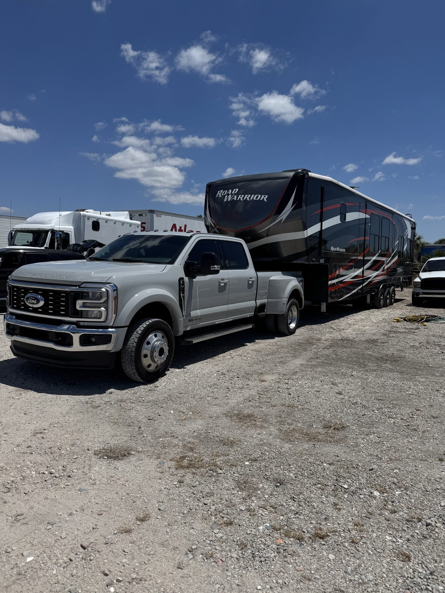 Road Warrior toy hauler fifth wheel towed by a Ford truck