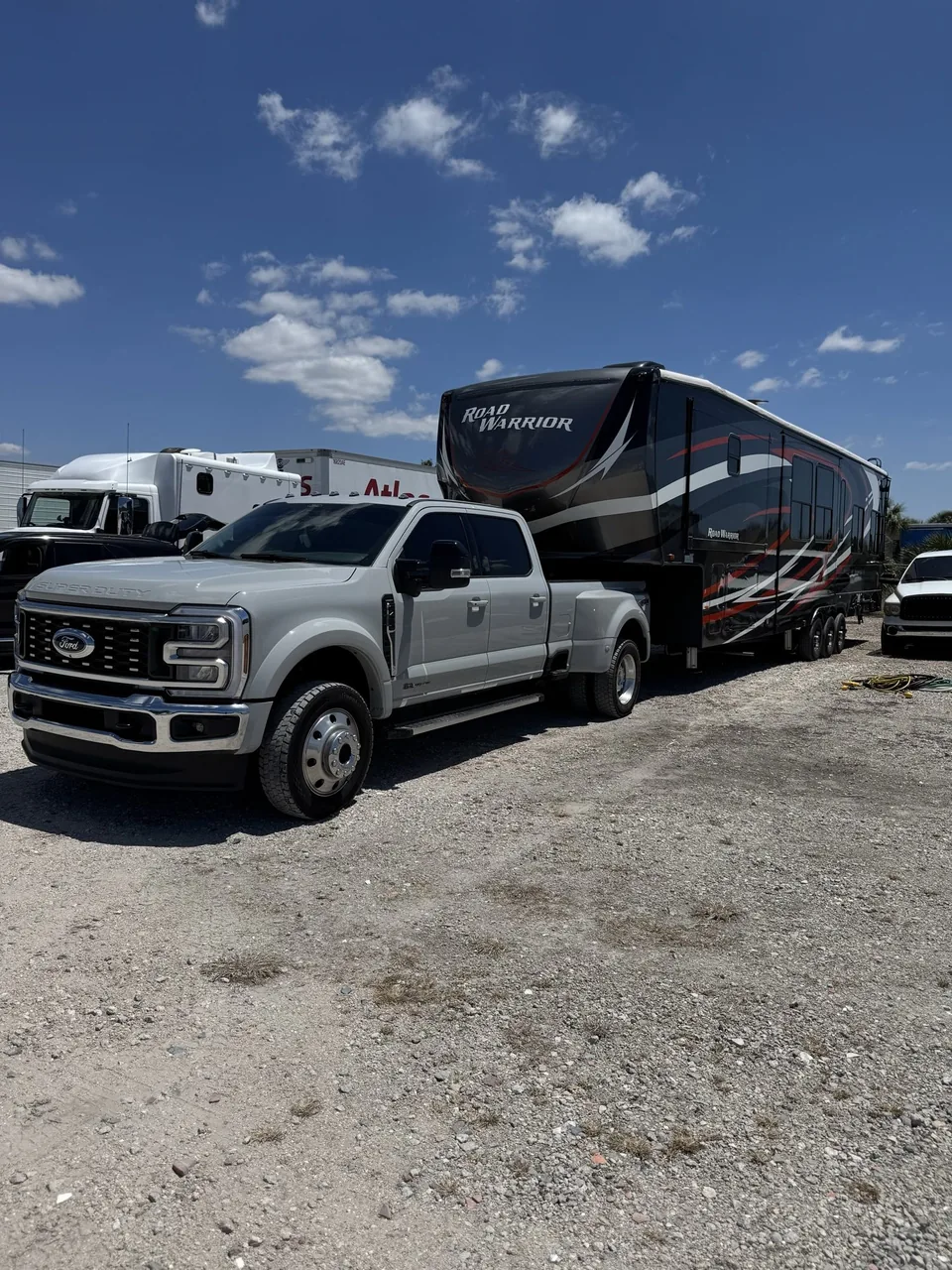 Road Warrior fifth wheel toy hauler with the rear ramp door closed